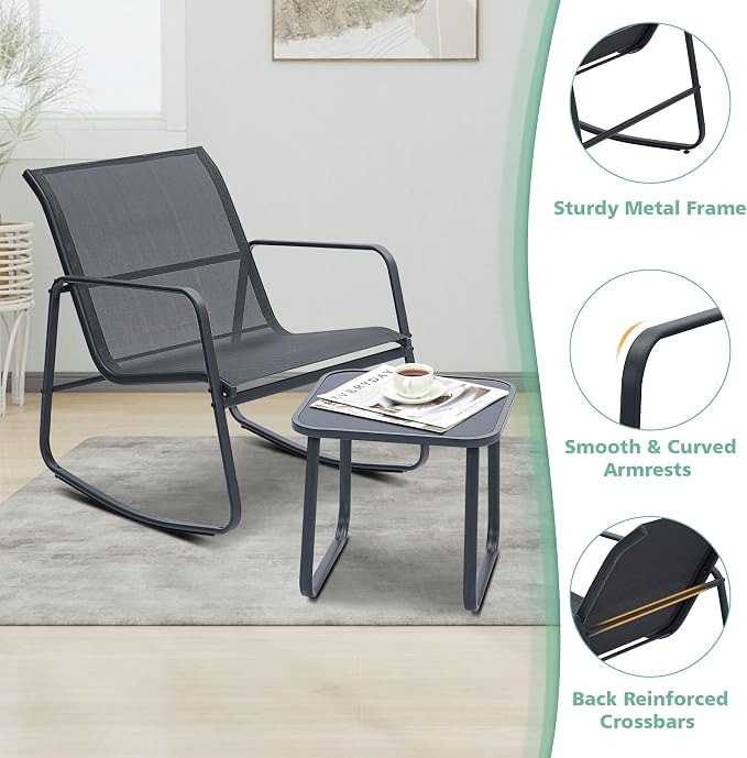 Ainfox Patio Furniture Set 3 Pieces, All Weather Textile Outdoor Conversation Set, with Rocking Bistro Chairs and Glass Coffee Table for Backyard, Lawn, Garden, Home Black