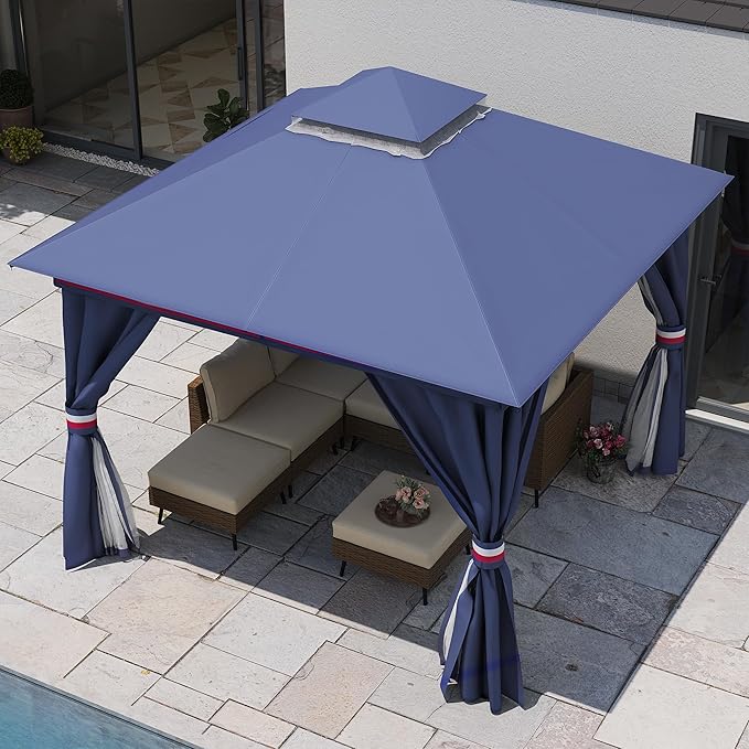 LAUSAINT HOME 10'x10' Outdoor Gazebo, Metal Frame Heavy Duty Patio Canopy Tent Shelter with Double Roofs, Mosquito Nettings and Privacy Screens for Backyard, Garden, Lawn, Classic Blue