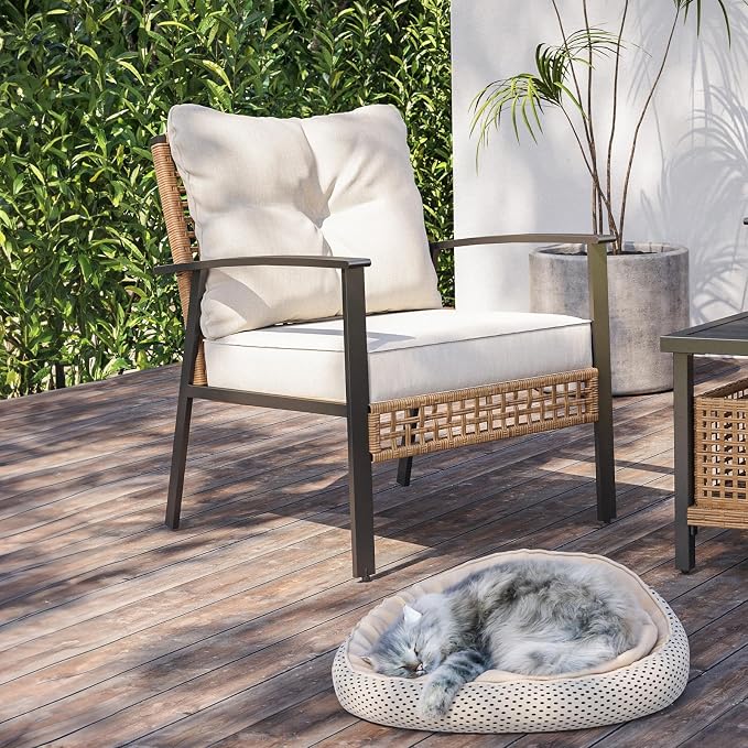 LAUSAINT HOME Outdoor Rattan Bistro Set, Patio Furniture Wicker Chairs Set of 2 with Deep Seating and Thick Cushions, Oversize Conversation Set for Garden, Balcony and Backyard (Beige)