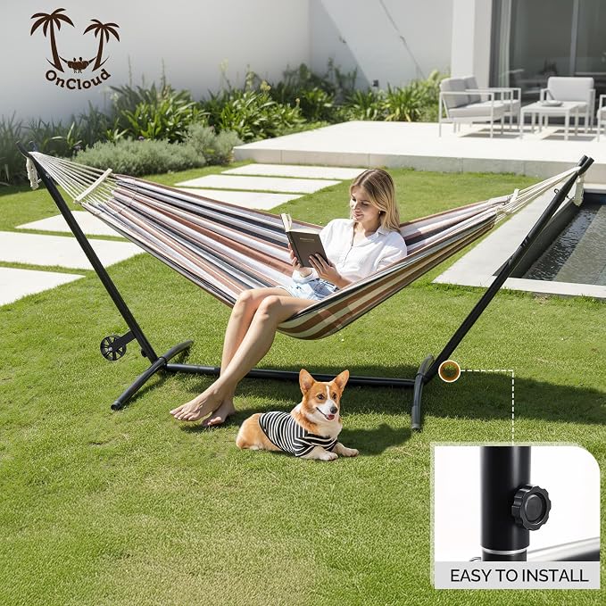 ONCLOUD 550 LB Capacity Double Hammock with Stand – Portable Bag Included (Desert Strip w/Wheel)