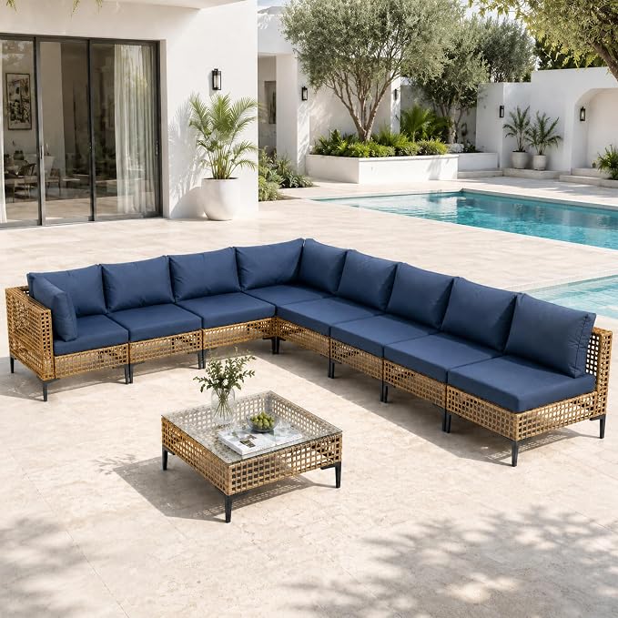 9 Piece Outdoor Wicker Patio Sectional Furniture Set, Dark Blue | All Weather Performance, PE Rattan, Patio Conversation Set w/Coffee Table, for Backyard, Porch, Poolside, Deck