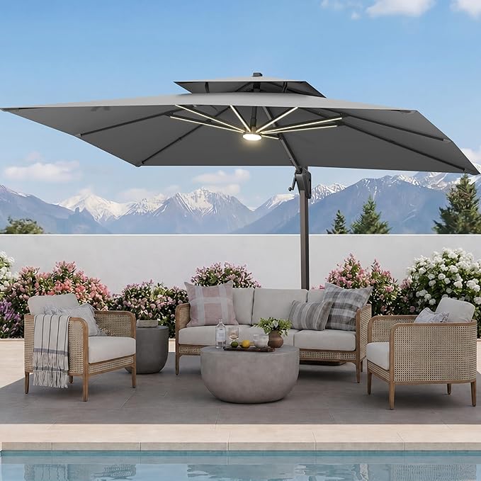 10 X 13 FT Cantilever Patio Umbrella with Led Lights Heavy Duty Windproof Double Top Large Rectangle Offset Umbrellas with 360-degree Rotation for Garden Pool Deck Backyard, Grey