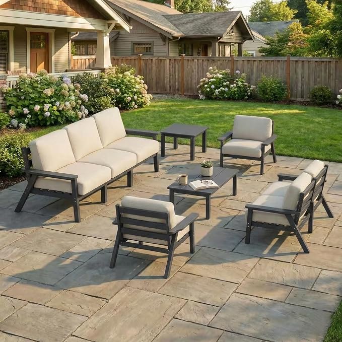Kingdura HDPE Patio Furniture Set, 9 Piece Outdoor Sectional Sofa with Coffee Table & Side Table, All Weather Outdoor Couch Conversation Set with Washable Cushions for Backyard Poolside Balcony