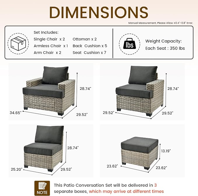CAODOC Patio Furniture Sets 7 Pieces Outdoor Sectional Rattan Sofa Manual Weaving Wicker Patio Conversation Set with Ottomans and T Cushion(Black)