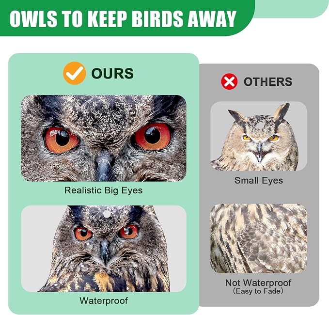 Owls to Keep Birds Away: 2Pack Fake Owl with Reflective Tape for Vineyard Garden Patio Pool, Reflective Hanging Decoration to Keep Birds Pigeon from Windows Tree Orchard