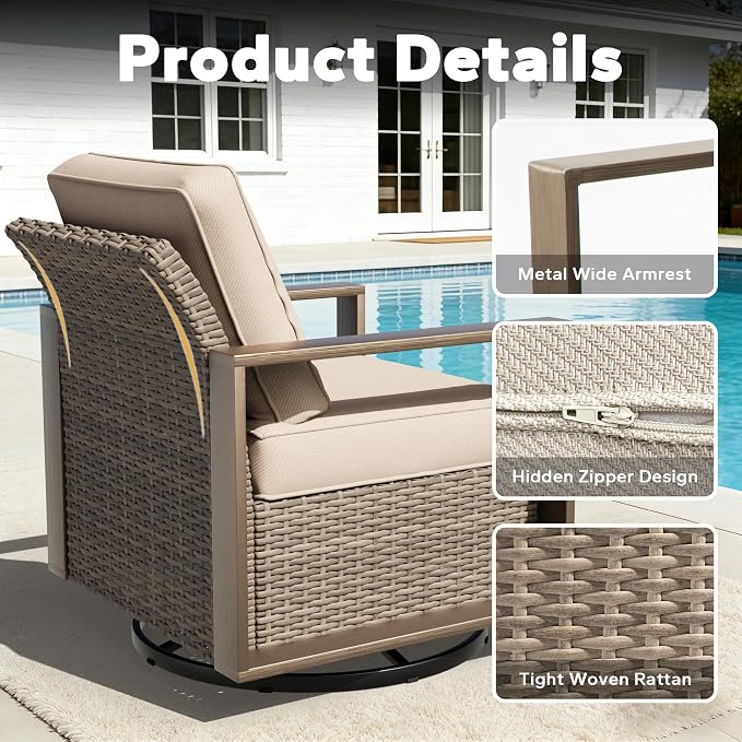 Outdoor Swivel Rocker Metal Chairs Set of 2 with Small Coffee Table - 3 Pieces Patio Bistro Set with Rectangular Framed Wood-Looking Metal Armrest, 360 Degree Glider Chairs, Beige
