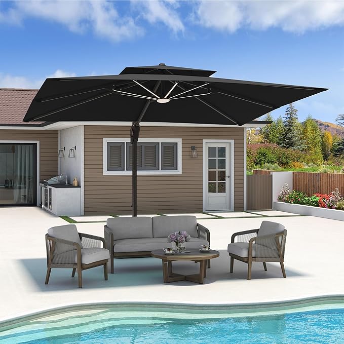 10x13 FT Cantilever Patio Umbrella with Base and Led Lights Double Top Outdoor Rectangular Large Heavy Duty Aluminum Offset Umbrellas with 7 Level Tilt 360-degree Rotation for Pool Garden Deck, Black