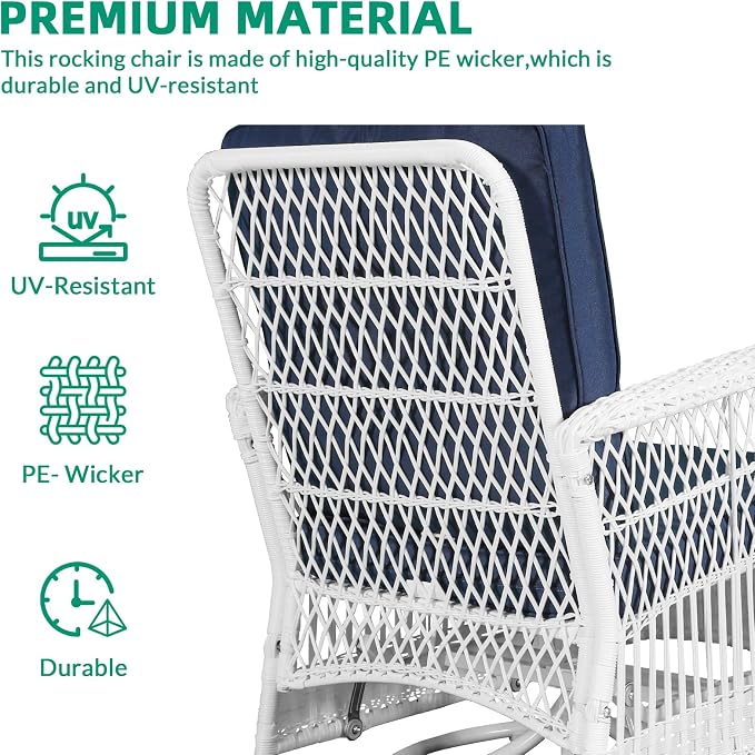 VIVIJASON 3-Piece Patio Conversation Bistro Set, Outdoor Swivel Glider Rocking Chairs Rattan Furniture Set w/ 2 Rattan Chairs, Glass Top Side Table for Porch Backyard, White - Navy Blue