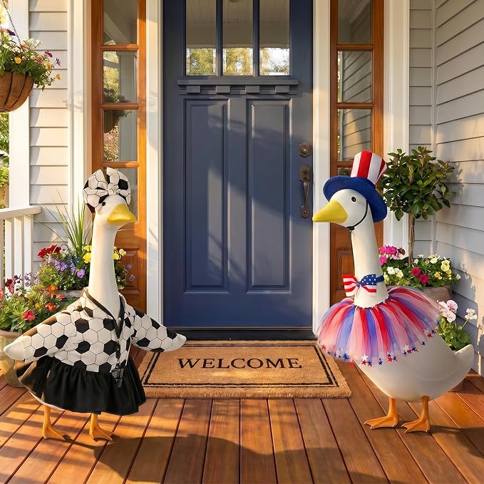 2 Set Porch Goose Outfits Football Referee Clothes Fit 23" Geese Statue | Plastic/Cement/Concrete Goose Costume World Cup for Garden, Patio, Yard & Lawn Decor