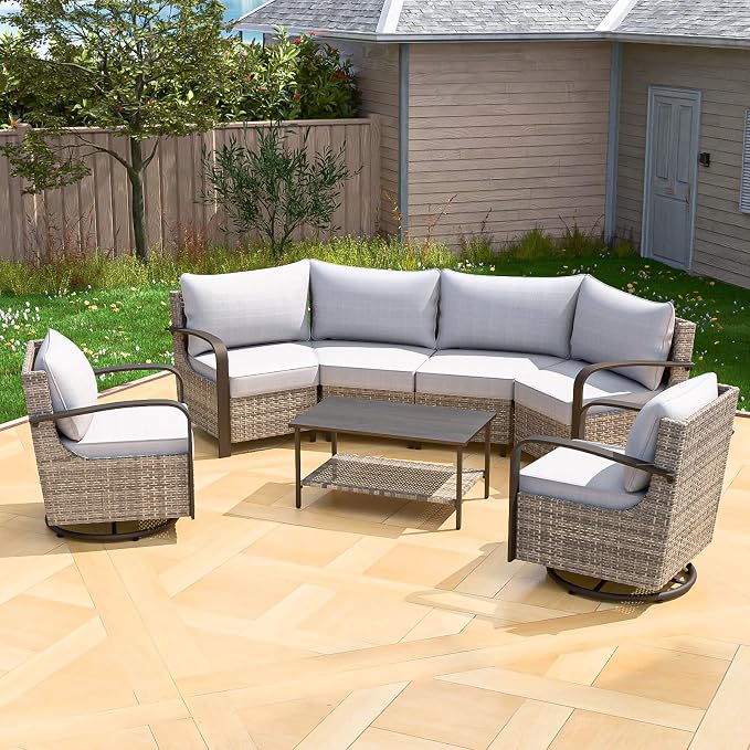 COOS BAY Aurora Terrace 6 Piece Outdoor Sectional Furniture Set, Half Moon Rattan Wicker Conversation Set with Swivel Chairs, 4 Seat Sofa & Coffee Table for Patio Garden Yard, Beige/Beige