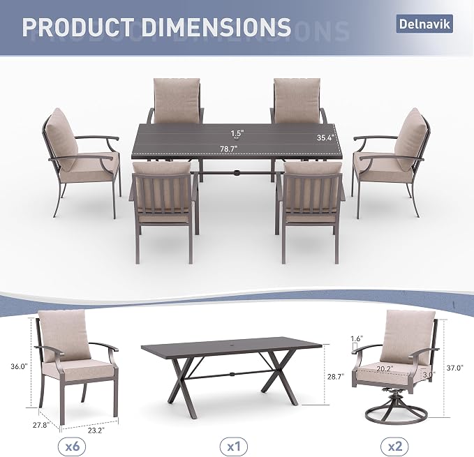 Kurapika 7-Piece Outdoor Dining Set, Includes 1 Large Metal Table with Umbrella Cutout and 6 Fixed Metal Chairs, for Decks, Yards, Gardens, Porches, Sand