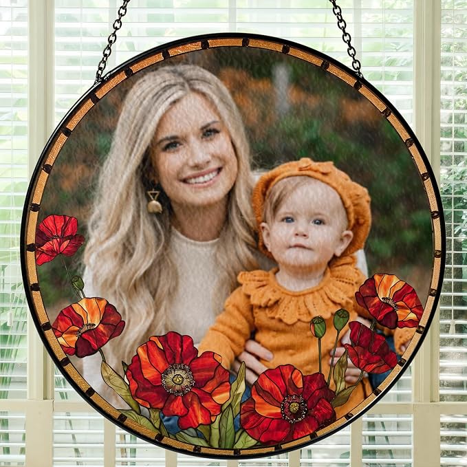 Custom Photo with Flowers, Personalized Stained Glass Window Hanging Suncatcher - Mother's Day, Birthday Gift for Mom, Grandma, Family, Portrait Family