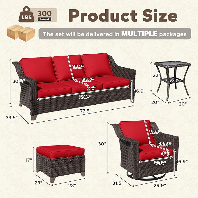 7 Pieces Patio Conversation Furniture Set - 2 Sofas, 2 Ottomans, 2 Swivel Chairs, 1 Side Table, Outdoor Wicker Furniture with Removable Cushions for Porch, Balcony, Sunroom (Red)