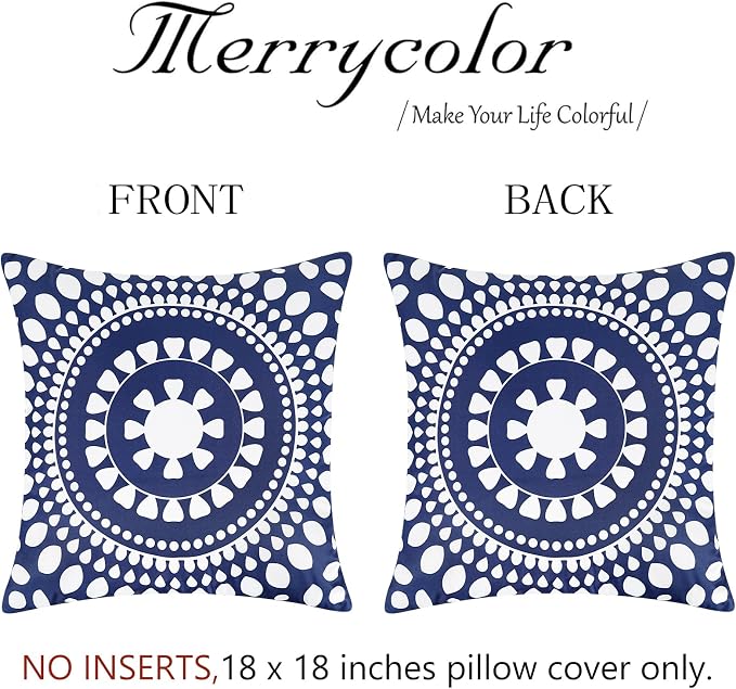 Merrycolor Set of 2 Outdoor Waterproof Throw Pillow Covers Blue and White Pillow Covers Floral Decorative Square Pillowcases Farmhouse Boho Outdoor Pillows for Patio Furniture 18x18 Inch Navy Blue