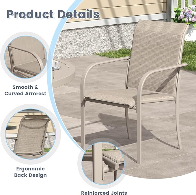VICLLAX 9 Pieces Patio Outdoor Dining Set, 53" Round Metal Table with Umbrella Hole and 8 Stackable Textilene Chairs for Patio, Lawn, Garden, Porch, Sandshell