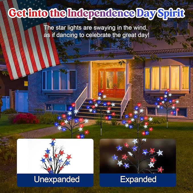 Lewondr 4th of July Decorations Solar Garden Lights, Outdoor Red Blue White Star Solar Lights, Waterproof Patriotic Decor with 20 LED 2 Lighting Modes for Independence Day Memorial Day, 4 Pack