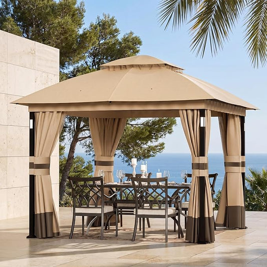 Covered Outdoor Patio Gazebo 10'x10' with LED Lights & Bluetooth Speaker, Heavy Duty Outdoor Canopy Shelter with Metal Frame, Double Roofs, Soft Top Gazebo with Netting and Curtains, Khaki