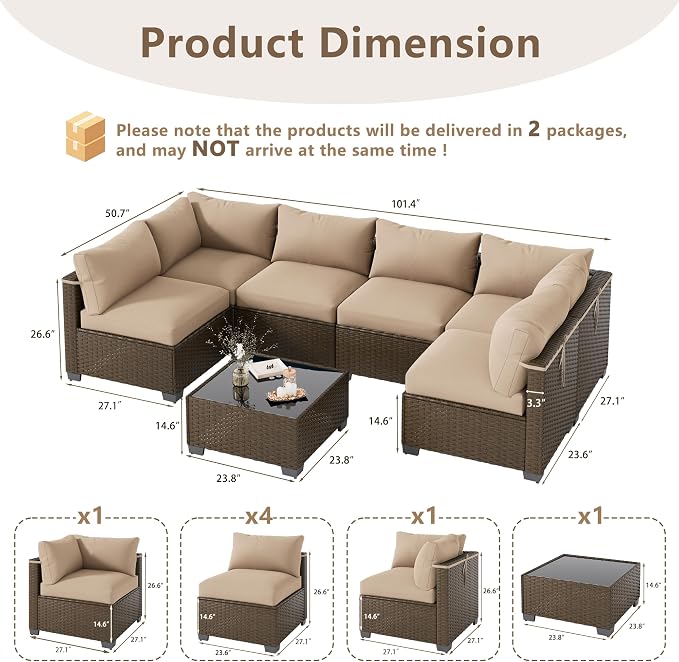 LOUVIXA 7 Piece Outdoor Patio Furniture Set, Outdoor Sectional Sofa, Wicker Rattan Patio Furniture, Patio Conversation Set with Coffee Table & Cushions