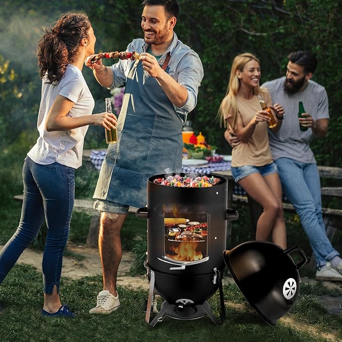 46.8" Vertical Steel Charcoal Smoker Grill,Heavy Duty BBQ Grills,Outdoor Camping Backyard Barbecue Grill,Metal Barbecue Smokers,with Thermometer,for Patio Garden Beach Porch Lawn Yard (Black)