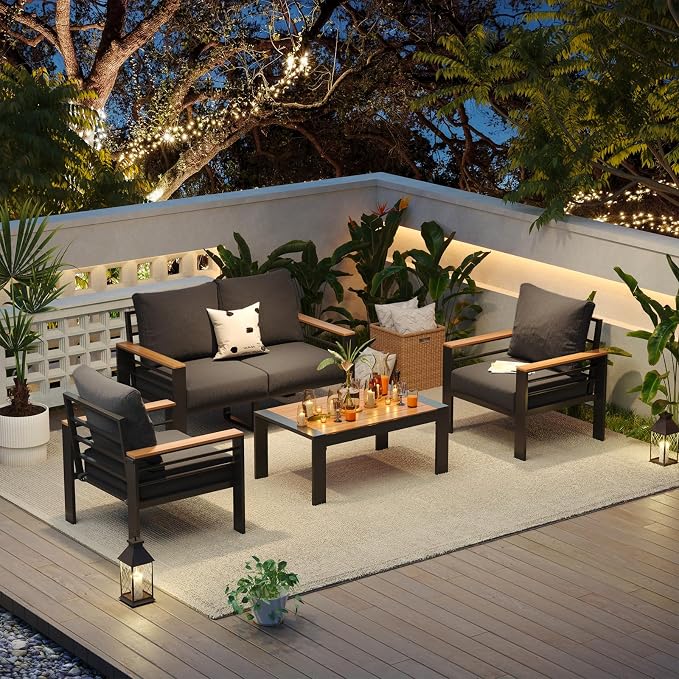 Aoxun Aluminum Patio Furniture Set 4 Seats, Oversized Outdoor Sectional with Washable Cushions, Coffee Table, Patio Conversation Sets for Porch, Balcony, Deck, Dark Gray