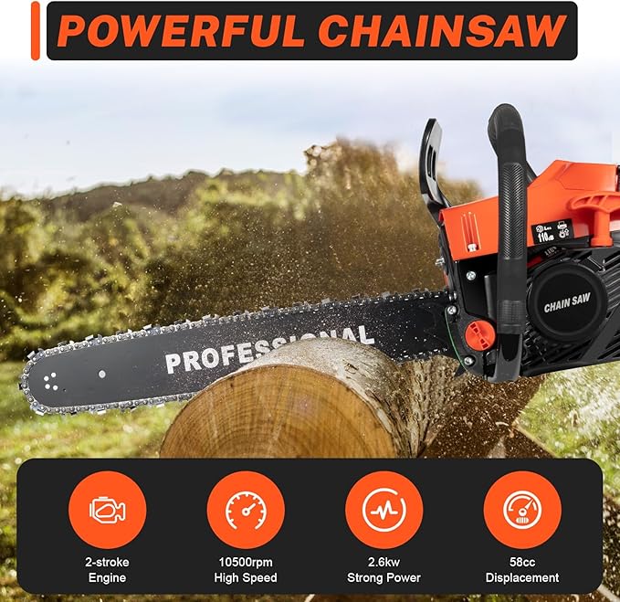 20 Inch Chainsaw Gas Powered, 58cc 2 Stroke Chain Saw,High Hardness Guide And Sharp Chain, Handle Gasoline Chainsaw Handheld Cordless Petrol Chain Saws For Forest, Wood, Garden And Farm Cutting Use