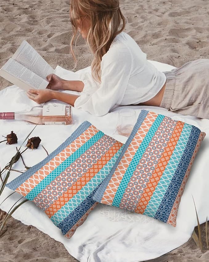 Outdoor Waterproof Pillow Covers Set of 2, Boho Geometric Floral Stripe Ethnic Turquoise Orange Blue Patio Throw Pillow Covers, Decorative Cushion Case for Couch Sofa Furniture Garden, 20x12 Inch