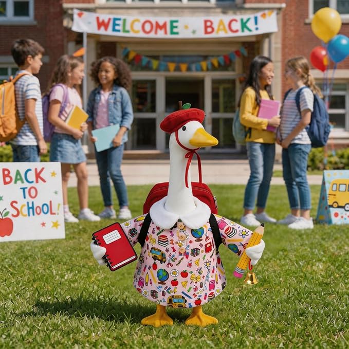 Back to School Porch Goose Outfits Fits 23" Cement Plastic Statue Goose Clothes for Back to School Day Outdoor Garden Yard Patio Statue Art Decor