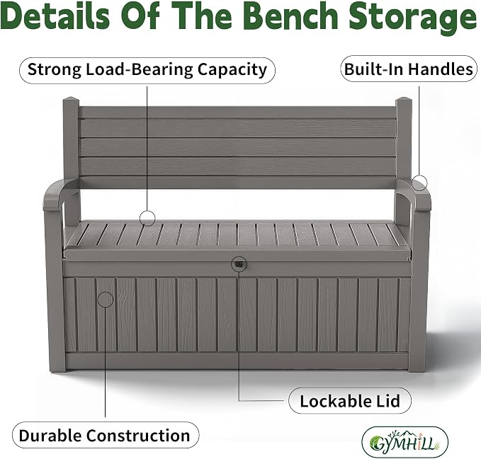 80 Gallon Outdoor Storage Bench Spacious Storage Box Waterproof Resin Deck Box Lockable for Patio, Garden, Livig Room & Outdoor Spaces（Grey）