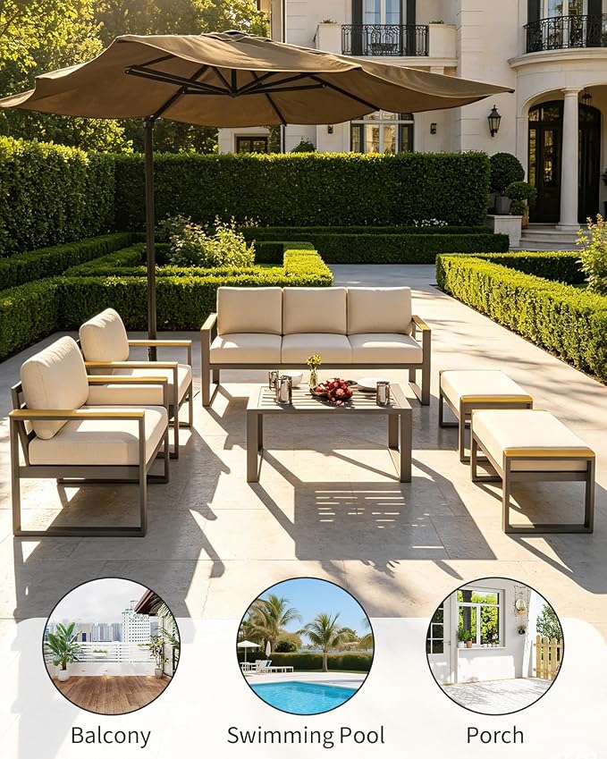 1 Pcs 3-Seat Aluminum Sofa and Coffee Table, Aluminum Patio Patio Conversation Set with Washable Thick Cushion for Balcony, Garden, Deck, Backyard,Beige