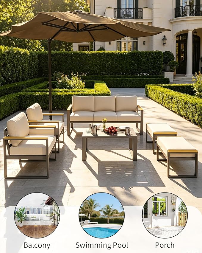 Aluminum Outdoor Patio Furniture - 1 Pcs 3-Seat Sofa and Coffee Table, All-Weather Metal Modern Outside Furniture with Washable Thick Cushion for Balcony, Garden, Deck, Backyard,Beige