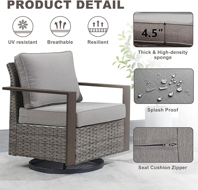Outdoor Patio Swivel Rocker Chairs - 3 Piece Wicker Patio Furniture Bistro Set with 2 Swivel Rocking Chairs and 1 Metal Side Table,Thick Cushions,Deep Seating for Deck Porch Garden(Mixed Grey/Grey)