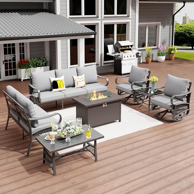 7 Piece Patio Furniture Set, All Weather Metal Outdoor Conversation Set with 50000 BTU Propane Fire Pit Table, 3 Seat Sofa, 2 Swivel Chairs and 5" Cushions for Garden, Porch, Lawn, Grey