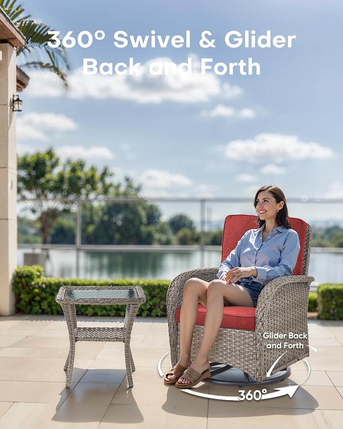 6 Pieces Outdoor Furniture-Patio Swivel Rocker Chairs Set of 2 3-Seater Wicker Couch with Outdoor Ottoman Outdoor Patio Furniture Set for Deck Porch Garden Balcony Poolside-Grey/Red