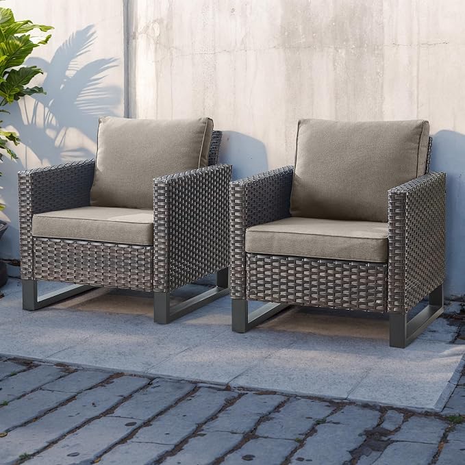 HUMMUH Wicker Patio Chairs Set of 2 High Back Deep Seating Outdoor Chairs with 4inch Seat Cushions for Porch Deck Garden Balcony