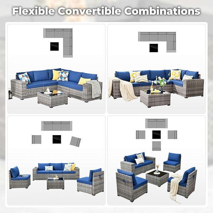 ovios 6 Pieces Patio Furniture Set, Outdoor Wicker Sectional Sofa with Coffee Table Comfy Cushions, Modern Modular Deep Seat Couch Rattan Conversation Set, Navy Blue