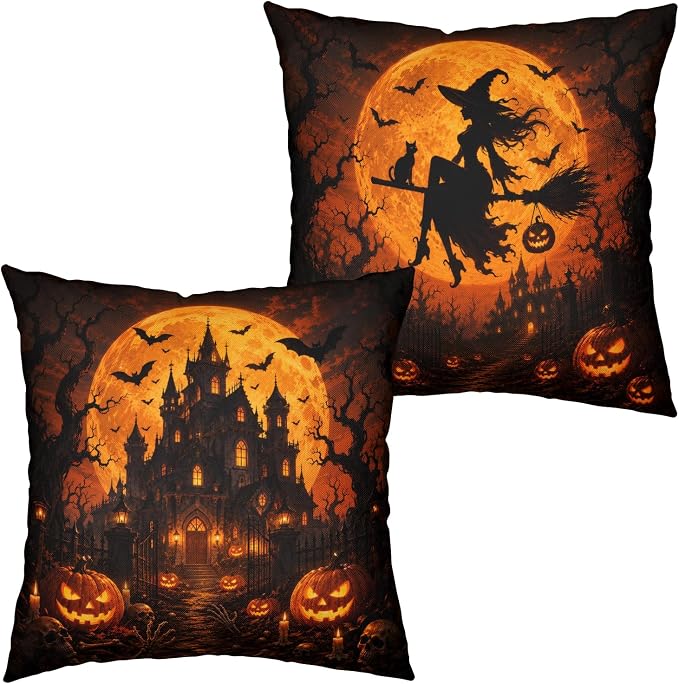 Orange Halloween Pillow Covers 22x22 Set of 2 Spooky Castle Witch Throw Pillow Covers Jack-O-Lantern Pumpkins Decorative Pillowcase for Couch Sofa Indoor Outdoor