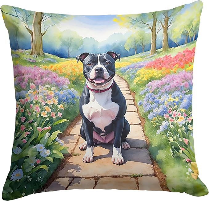 Caroline's Treasures Staffordshire Bull Terrier Spring Path Throw Pillow Machine Washable, Indoor Outdoor Decorative Pillow for Couch, Bed or Patio, 14Hx14W