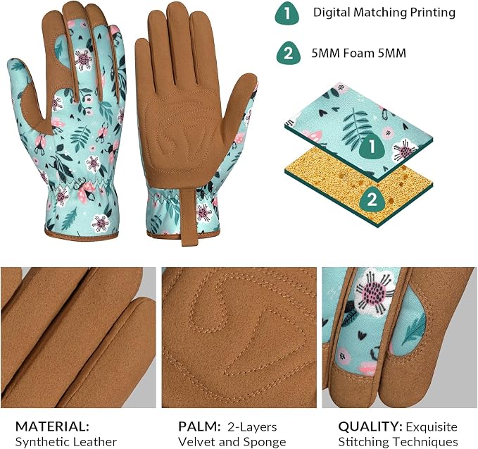 Pleneal Gardening Gloves for Women, Garden Gloves Protective Working Gloves | Abrasion Resistant, Double-Layer Padded Palm, Breathable & Sweat-Absorbent Back, Elastic Wrist Closure, Flexible & Ergonomic