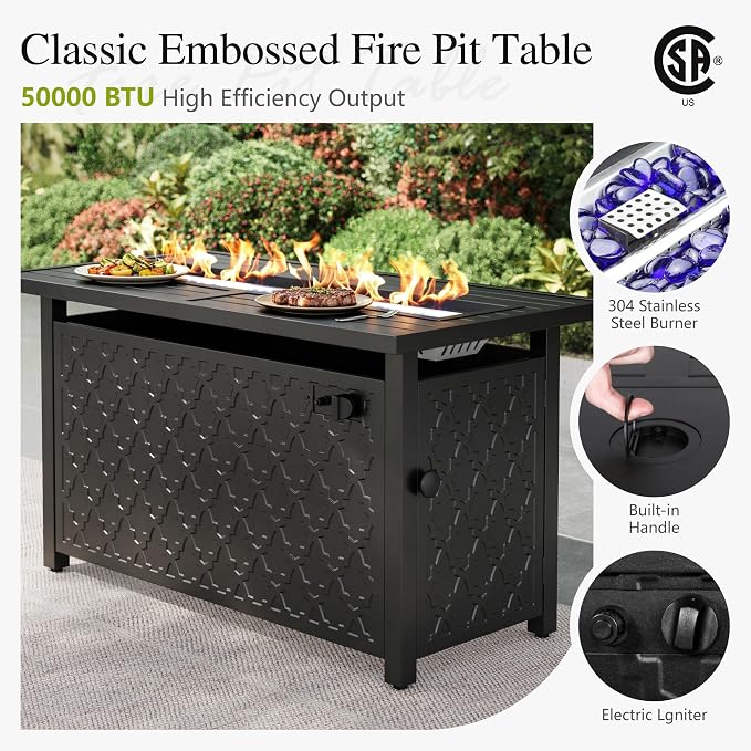 Sophia & William Patio Furniture Sets with 45" Gas Fire Pit Table Outdoor Metal Conversation Sets for 5, 2 x Swivel Cushioned Patio Sofa Chairs, 1 x 3-Seat Sofa 4 Pieces for Lawn Backyard Peacock Blue