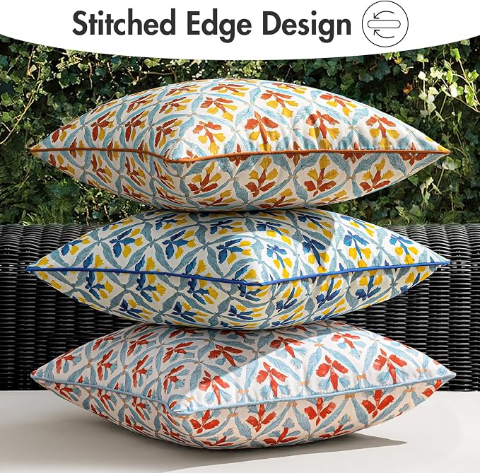 MIULEE Outdoor Floral Pillow Covers Waterproof 18x18 Orange Teal Red | Decorative Block Print,Boho Farmhouse, Set of 2 Coastal Summer Cushion Covers with Piping,Garden Patio Furniture Porch Couch