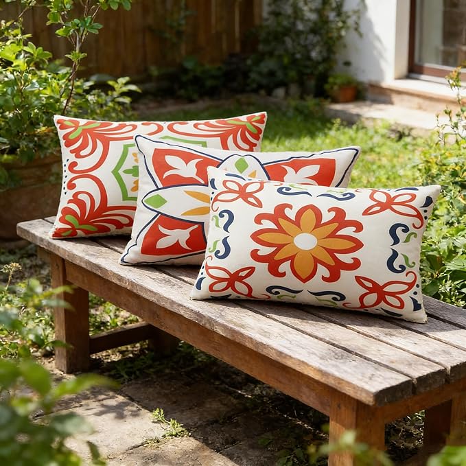 Pyonic Outdoor Waterproof Throw Pillow Covers for Patio Furniture Decorative Boho Pillow Covers 12x20 Floral Printed for Patio Tent Couch Garden Set of 4,Orange