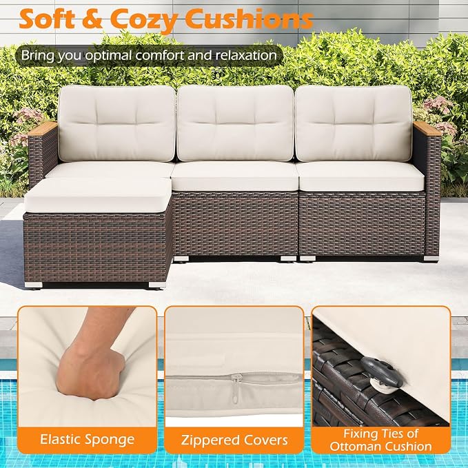 Tangkula 5 Pieces Outdoor Patio Furniture Set, L Shaped Rattan Cushioned Chairs & Coffee Table Set, Outdoor Sectional Conversation Sofa with Wood Armrests & Tabletop for Backyard, Porch, Balcony