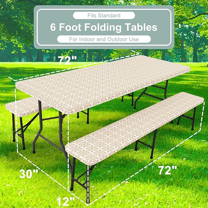 misaya Picnic Table Cover with Bench Cover, Waterproof Elastic Fitted Tablecloth for 6 Foot Tables, Rectangle Washable Polyester Tablecloths for Picnic, Camping, Outdoor (Khaki, 30" x 72")