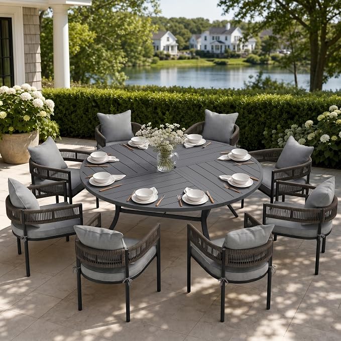 VICLLAX Patio Dining Set, 63.1" Dark Grey Table & 6 Chairs with Grey Cushion