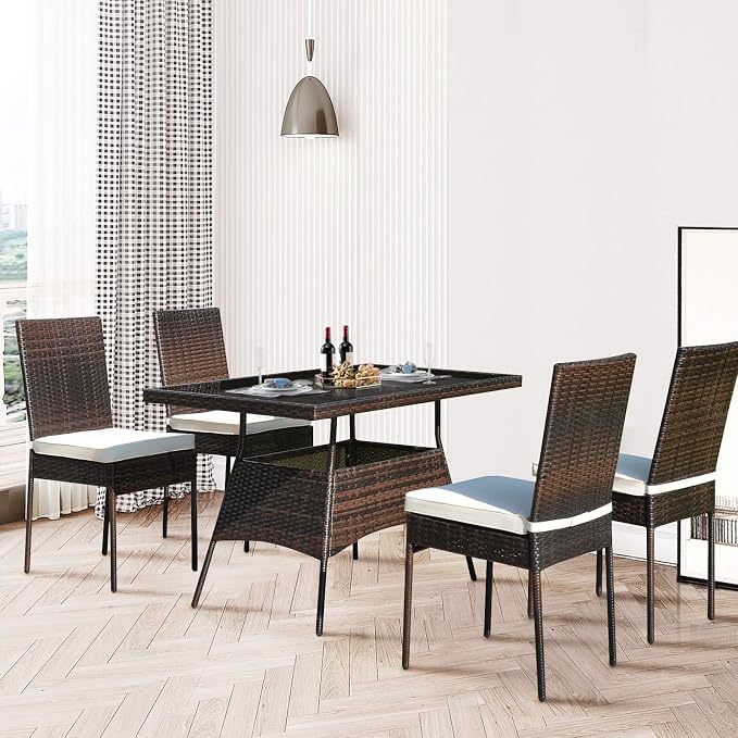 5 Pieces Patio Wicker Dining Set Outdoor Furniture, Outdoor Rattan Table and Chairs with Tempered Glass Table-top & Padded Cushions, Patio Furniture Sets for Backyard, Balcony(Brown)