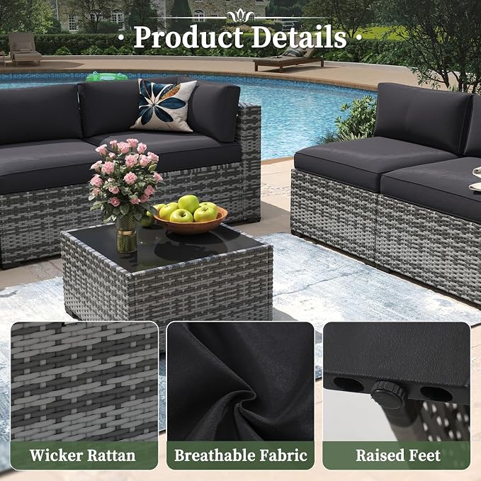 Aoxun 12 Piece Patio Furniture Set with 44” Fire Pit Table Wicker Rattan Outdoor Sectional Sofa Set with Coffee Table and Thickened Cushions, Grey/Black