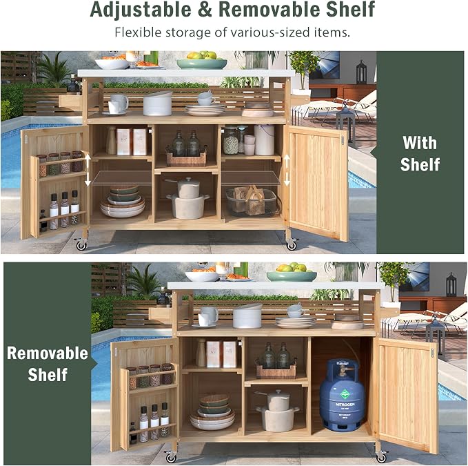 Outdoor Deck Box and Grill Prep Station with 201 Stainless Steel Top, Solid Fir Wood Patio Storage Cabinet for BBQ Tools and Cushions, Rolling Kitchen Island with Spice Rack, 50-Inch, Natural