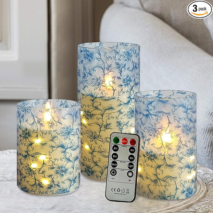 Flickering Flameless Candles, Recessed String Light LED Candles 3D Wick Acrylic Battery Operated LED Pillar Candles with Remote and Timer for Modern Simple Home Decor Set of 3(Blue Twig)