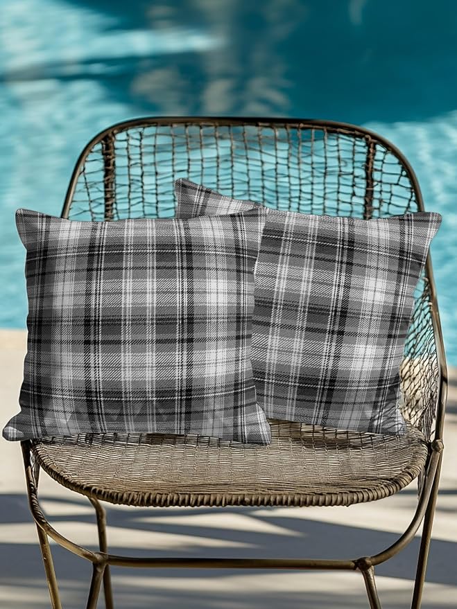 Waterproof Outdoor Pillow Set of 2 Gray Checked Plaid Decorative Throw Pillows Cover & Insert 16x16 Inch Pillowcase Stripes Woven Grid Square Pillows for Couch Sofa Bed Patio Furniture Indoor Outdoor