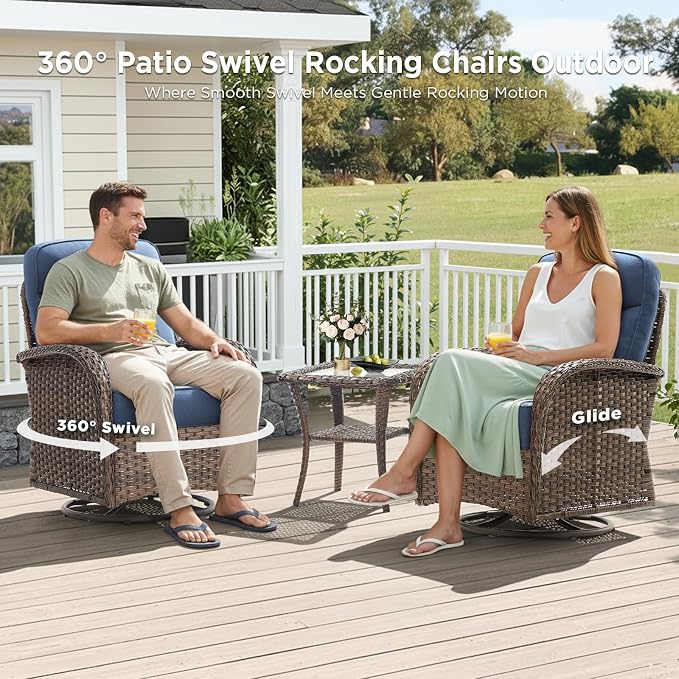 Luxury Outdoor Patio Furniture Set with 6-Inch Thick Cushions, 6 Pieces All-Weather Wicker Outdoor Furniture with Outdoor Rocking Chair, Outdoor Patio Conversation Sets for Garden Porch Deck, Blue